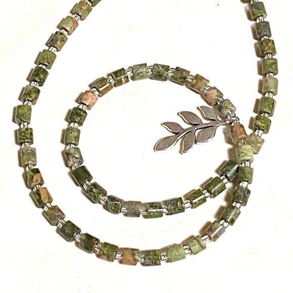 Cute Unakite Stone Silver Leaf Branch Necklace, Genuine Gemstone Beaded Necklace - Picture 5 of 9
